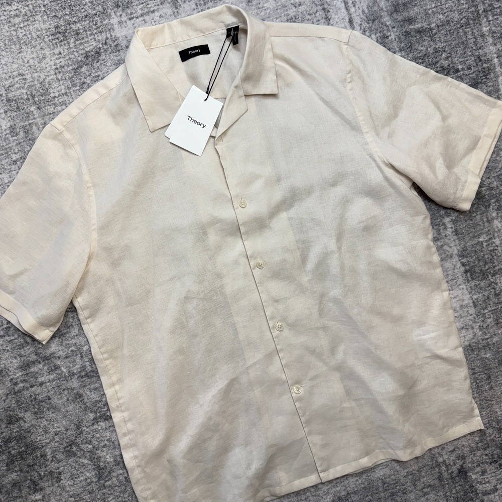 Theory Shirt Mens XL Ivory Daze Precise Linen Camp Resort Button Up Relaxed NEW